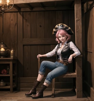 A pirate-adventure masterpiece, rendered in ultra-detailed 8K with vibrant, realistic details. | Rose, a young 23-year-old woman, is dressed in a pirate costume consisting of a white shirt, black vest, brown pants, leather boots, gloves, belt with pockets, sword and a pirate hat. Her short ((pink hair)) is styled in a modern and stylish cut, with tousled braids. She has golden eyes, ((looking at the viewer while smiling and showing her teeth)), wearing red lipstick. It is located inside a pirate prison inside a pirate ship, with wooden structures, metal bars, cannons and metal structures. The laparinas on the walls add to the dark and threatening atmosphere of the place. The light from the torches illuminates the room, creating ominous shadows on the walls. | The image highlights Rose's attractive figure and the architectural elements of the pirate prison. The wooden structures, together with the metal railings, cannons and metal structures, create a dark and threatening environment. The laparinas on the walls enhance the dark and threatening atmosphere of the scene. The torchlight creating ominous shadows on the walls highlights the tension and fear in the scene. | Soft, shadowy lighting effects create a tense, fear-filled atmosphere, while rough, detailed textures on structures and clothing add realism to the image. | A terrifying scene of a young female pirate inside a pirate prison, exploring themes of adventure, pirates and fear. | (((The image reveals a full-body shot as Rose assumes a sensual pose, engagingly leaning against a structure within the scene in an exciting manner. She takes on a sensual pose as she interacts, boldly leaning on a structure, leaning back and boldly throwing herself onto the structure, reclining back in an exhilarating way.))). | ((((full-body shot)))), ((perfect pose)), ((perfect arms):1.2), ((perfect limbs, perfect fingers, better hands, perfect hands, hands)), ((perfect legs, perfect feet):1.2), ((huge breasts)), ((perfect design)), ((perfect composition)), ((very detailed scene, very detailed background, perfect layout, correct imperfections)), Enhance, Ultra details++, More Detail, poakl