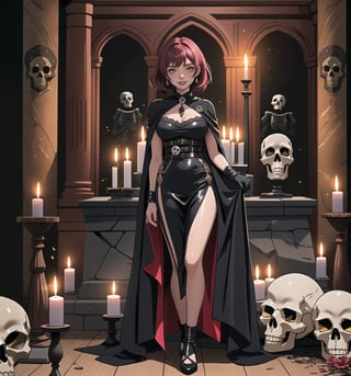 An ultra-detailed 16K masterpiece with fantasy and adventure stylings, rendered in ultra-high resolution with impressive graphic detail. Darla, a 23-year-old young woman, is wearing an executioner's outfit consisting of a black suit, a black cape, black boots and black gloves. Her short pink hair is styled in a Mohican cut, with gradient effects. She has golden eyes, looking at the viewer while smiling, showing her teeth and wearing red lipstick. She is located inside an ancient castle, destroyed, old, filthy, with rock structures, wooden structures, ancient structures, tombstones, skulls and skeletons. The atmosphere is mysterious and tense, with melted wax candles, a stone sarcophagus and bones scattered across the floor. The image emphasises the imposing figure of Darla and the architectural elements of the castle. The rocky, wooden and ancient structures, together with the skulls and skeletons, create a spooky and mysterious atmosphere. The melted wax candles and stone sarcophagus add a gothic touch to the scene. Soft, sombre lighting effects create a tense, mysterious atmosphere, while rough, detailed textures on the structures and costume add realism to the image. | A tense and mysterious scene of a young woman dressed as an executioner in an old, destroyed castle, fusing elements of fantasy and adventure. (((The image reveals a full-body shot as Darla assumes a sensual pose, engagingly leaning against a structure within the scene in an exciting manner. She takes on a sensual pose as she interacts, boldly leaning on a structure, leaning back and boldly throwing herself onto the structure, reclining back in an exhilarating way.)). | ((((full-body shot)))), ((perfect pose)), ((perfect arms):1.2), ((perfect limbs, perfect fingers, better hands, perfect hands, hands)), ((perfect legs, perfect feet):1.2), ((perfect design)), ((perfect composition)), ((very detailed scene, very detailed background, perfect layout, correct imperfections)), Enhance, Ultra details++, More Detail, poakl