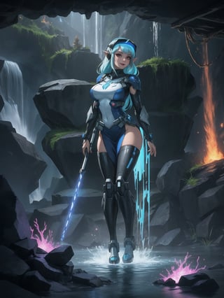 Princess Zelda is wearing a white mecha armor with blue parts and lights attached. The mecha costume is tight on her body, her breasts are gigantic. She is wearing a cyber helmet with a transparent visor. Her hair is blue, curly, short and has bangs in front of her eyes. She is looking directly at the viewer. She is in an alien dungeon inside a cave with a waterfall of glowing lava, many large rock structures, large machines with electricity and blinding light, large pipes with running water and monsters swimming in the waterfall, ((She is striking a sensual pose, leaning on anything or object, resting and leaning against herself over it)), ((full body)), mecha, warcraft, UHD, best possible quality, ultra detailed, best possible resolution, Unreal Engine 5, professional photography, perfect hand, fingers, hand, perfect, More detail,