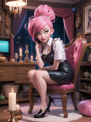 A woman, wearing costume of ((maid)) all black with white parts, white skirt with ruffle, very short hair, pink hair, (mohawk hair), hair with bangs in front of the eyes, (looking at the viewer), (((sensual pose with interaction and leaning on anything + object + on something + leaning against))) in an apartment, with furniture, 1+floor+chair, Plasma TV, refrigerator, table, bed, open window, candles illuminating the place, 16K, UHD, (full body:1.5), unreal engine 5, ultra technological, quality max, max resolution, More detail, ultra-realistic, ultra-detailed, maximum sharpness, perfect_hands, better_hands,