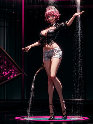 {((1woman))}, only she is {((wearing black maid attire, extremely short and tight white shorts on the body)), only elá has ((giant breasts)), ((very slick pink short hair, blue eyes)), ((staring at the viewer, smiling)), ((pose, in a shower, with water falling on top of the body, leaving the clothing all transparent))}, ((full body):1.5), 16k, best quality, best resolution, best sharpness,