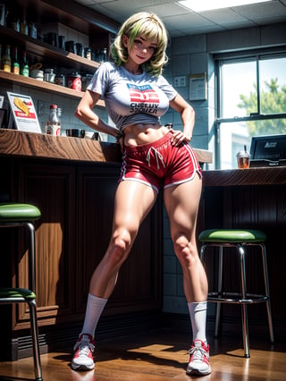 A woman, wearing ((white T-shirt with red stripes with logo:"EB", short red shorts with stripes, long white sock and sneakers, gigantic breasts)), short hair, green hair, curly hair, messy hair, hair with bangs in front of her eyes, (((looking at the viewer, sensual pose with interaction and leaning on anything+object+on something+leaning against+leaning against))) in a diner full of people, with counter, tables and chairs, soda machines, ((full body):1.5); 16K, UHD, unreal engine 5, quality max, max resolution, ultra-realistic, ultra-detailed, maximum sharpness, ((perfect_hands):1), Goodhands-beta2,