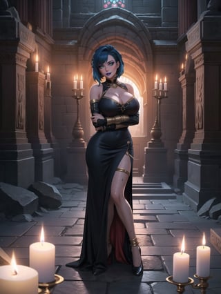 A woman, has gigantic breasts, wearing long black dress with golden bands, tight dress on the body, looking directly at the viewer, short hair, blue hair, mohawk hair, hair with bangs in front of her eyes, she is in an ancient tomb, all dirty, with large stone structures, altars, candles illuminating the place, very dark place, coffins, 16K, UHD, best possible quality, ultra detailed, best possible resolution, ultra technological, futuristic, robotic, Unreal Engine 5, professional photography, she is, ((sensual pose with interaction and leaning on anything + object + on something + leaning against)), perfect anatomy, ((full body)), better_hands. More detail