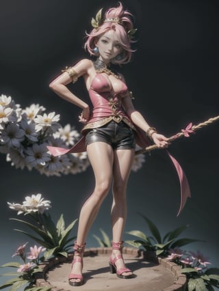 ((full body, standing):1.5), {((1 woman))}, {((wearing brown leather indian clothes, extremely tight and short in the body, short leather shorts and short velvet)), ((big breasts)), ((short pink hair, mohawk, sparkling blue eyes, wearing small feathered headdress)), ((looking at viewer, maniacal smile, making erotic pose, holding a bow and arrow)), ((in an indigenous village, cloudy sky, it's daytime, plants and flowers, Indians of different ethnicities))}, 16k, high quality, high detail, UHD