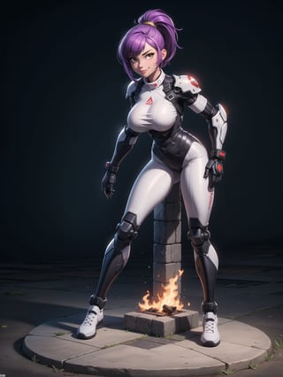 A woman, wearing white cybernetic armor with tight and tight red areas, gigantic breasts, wearing helmet with visor, purple hair, extremely short hair, rebellious hair, hair with ponytail, hair with bangs in front of the eye, looking at the viewer, (((sensual pose+Interacting+leaning on anything+object+leaning against))), on a battlefield with machines, stone structures, military vehicles, fire everywhere, ((full body):1.5), 16K, UHD, unreal engine 5, quality max, max resolution, ultra-realistic, ultra-detailed, maximum sharpness, ((perfect_hands):1), Goodhands-beta2, ((technological))