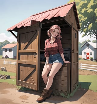 An ultra-detailed 16K masterpiece with Country and Rural styles, rendered in ultra-high resolution with extraordinary detail. | Darla, a young 23-year-old woman, is dressed in a farmer's outfit, consisting of a red and white plaid shirt, denim skirt and brown leather boots. Her pink hair is short and disheveled, with a modern and stylish cut. ((Her golden eyes are looking at the viewer, smiling and showing her teeth, with red lipstick on her lips)). She is in a shed on a farm, with wooden structures, concrete structures, crates, machines and tires around her. A tractor, a barn and a chicken coop adorn the scene. | The image highlights Darla's imposing figure and the rural elements of the shed. The wooden structures, concrete structures, crates, machines and tires, together with the tractor, barn and chicken coop, create a rural and welcoming environment. The shadows created by the warehouse lights highlight the details of the scene and create a mysterious atmosphere. | Soft, warm lighting effects create a welcoming, rural atmosphere, while detailed textures on skin, clothing, and structures add realism to the image. | Darla, a farmer in a shed, exploring themes of country, rurality and simplicity. | (((The image reveals a full-body shot as Darla assumes a sensual pose, engagingly leaning against a structure within the scene in an exciting manner. She takes on a sensual pose as she interacts, boldly leaning on a structure, leaning back and boldly throwing herself onto the structure, reclining back in an exhilarating way.))). | ((((full-body shot)))), ((perfect pose)), ((perfect arms):1.2), ((perfect limbs, perfect fingers, better hands, perfect hands, hands)), ((perfect legs, perfect feet):1.2), ((huge breasts))++, ((perfect design)), ((perfect composition)), ((very detailed scene, very detailed background, perfect layout, correct imperfections)), Enhance, Ultra details++, More Detail, poakl