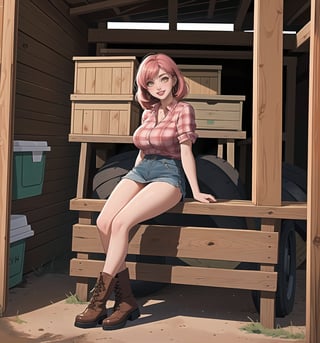 An ultra-detailed 16K masterpiece with Country and Rural styles, rendered in ultra-high resolution with extraordinary detail. | Darla, a young 23-year-old woman, is dressed in a farmer's outfit, consisting of a red and white plaid shirt, denim skirt and brown leather boots. Her pink hair is short and disheveled, with a modern and stylish cut. ((Her golden eyes are looking at the viewer, smiling and showing her teeth, with red lipstick on her lips)). She is in a shed on a farm, with wooden structures, concrete structures, crates, machines and tires around her. A tractor, a barn and a chicken coop adorn the scene. | The image highlights Darla's imposing figure and the rural elements of the shed. The wooden structures, concrete structures, crates, machines and tires, together with the tractor, barn and chicken coop, create a rural and welcoming environment. The shadows created by the warehouse lights highlight the details of the scene and create a mysterious atmosphere. | Soft, warm lighting effects create a welcoming, rural atmosphere, while detailed textures on skin, clothing, and structures add realism to the image. | Darla, a farmer in a shed, exploring themes of country, rurality and simplicity. | (((The image reveals a full-body shot as Darla assumes a sensual pose, engagingly leaning against a structure within the scene in an exciting manner. She takes on a sensual pose as she interacts, boldly leaning on a structure, leaning back and boldly throwing herself onto the structure, reclining back in an exhilarating way.))). | ((((full-body shot)))), ((perfect pose)), ((perfect arms):1.2), ((perfect limbs, perfect fingers, better hands, perfect hands, hands)), ((perfect legs, perfect feet):1.2), ((huge breasts))++, ((perfect design)), ((perfect composition)), ((very detailed scene, very detailed background, perfect layout, correct imperfections)), Enhance, Ultra details++, More Detail, poakl