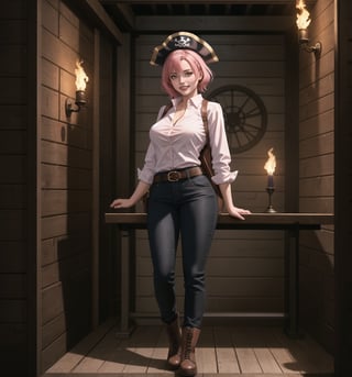 A pirate-adventure masterpiece, rendered in ultra-detailed 8K with vibrant, realistic details. | Rose, a young 23-year-old woman, is dressed in a pirate costume consisting of a white shirt, black vest, brown pants, leather boots, gloves, belt with pockets, sword and a pirate hat. Her short ((pink hair)) is styled in a modern and stylish cut, with tousled braids. She has golden eyes, ((looking at the viewer while smiling and showing her teeth)), wearing red lipstick. It is located inside a pirate prison inside a pirate ship, with wooden structures, metal bars, cannons and metal structures. The laparinas on the walls add to the dark and threatening atmosphere of the place. The light from the torches illuminates the room, creating ominous shadows on the walls. | The image highlights Rose's attractive figure and the architectural elements of the pirate prison. The wooden structures, together with the metal railings, cannons and metal structures, create a dark and threatening environment. The laparinas on the walls enhance the dark and threatening atmosphere of the scene. The torchlight creating ominous shadows on the walls highlights the tension and fear in the scene. | Soft, shadowy lighting effects create a tense, fear-filled atmosphere, while rough, detailed textures on structures and clothing add realism to the image. | A terrifying scene of a young female pirate inside a pirate prison, exploring themes of adventure, pirates and fear. | (((The image reveals a full-body shot as Rose assumes a sensual pose, engagingly leaning against a structure within the scene in an exciting manner. She takes on a sensual pose as she interacts, boldly leaning on a structure, leaning back and boldly throwing herself onto the structure, reclining back in an exhilarating way.))). | ((((full-body shot)))), ((perfect pose)), ((perfect arms):1.2), ((perfect limbs, perfect fingers, better hands, perfect hands, hands)), ((perfect legs, perfect feet):1.2), ((huge breasts)), ((perfect design)), ((perfect composition)), ((very detailed scene, very detailed background, perfect layout, correct imperfections)), Enhance, Ultra details++, More Detail, poakl