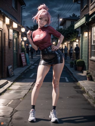 A woman, red shirt without collar and sleeves, very short black skirt, white sneakers, gigantic breasts, wearing cap, pink hair, extremely short hair, rebellious hair, hair with ponytail, hair with bangs in front of the eye, looking at the viewer, (((sensual pose+Interacting+leaning on anything+object+leaning against))), in a small square at night with many structures, banks, trees, lots of people walking, ((full body):1.5), 16K, UHD, unreal engine 5, quality max, max resolution, ultra-realistic, ultra-detailed, maximum sharpness, ((perfect_hands):1), Goodhands-beta2