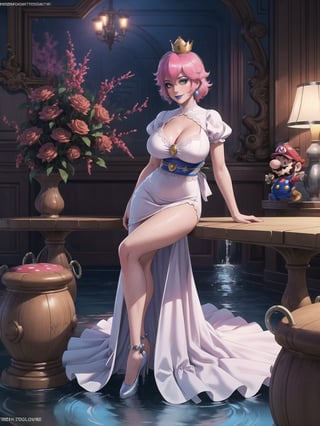 Princess Peach, has gigantic breasts, wearing long all white dress with pink sashes, tight dress on the body, looking directly at the viewer, ((wearing a crown)), short hair, blue hair, mohawk hair, hair with bangs in front of her eyes, she is in a house all made of colored pipes, with furniture made of pipes, large pipes with running water, ((Super Mario Bros)), 16K, UHD, best possible quality, ultra detailed, best possible resolution, ultra technological, futuristic, robotic, Unreal Engine 5, professional photography, she is, ((sensual pose with interaction and leaning on anything + object + on something + leaning against)), perfect anatomy, ((full body)), better_hands, More detail,