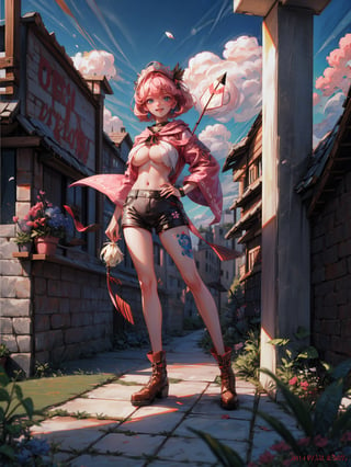 ((full body, standing):1.5), {((1 woman))}, {((wearing brown leather indian clothes, extremely tight and short in the body, short leather shorts and short velvet)), ((big breasts):1.5), ((short pink hair, mohawk, sparkling blue eyes, wearing small feathered headdress)), ((looking at viewer, maniacal smile, making erotic pose, holding a bow and arrow)) , ((in an indigenous village, cloudy sky, it's daytime, plants and flowers, Indians of different ethnicities))}, 16k, ultra quality, ultra detailed, maximum resolution, best sharpness
