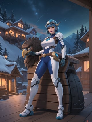 ((An eagle woman_solo)), has gigantic breasts, is wearing mecha+robotic armor with blue parts, totally white outfit, she has ((wearing a helmet)), short hair, blue hair, hair with bangs in front of her eyes, she is in a village on top of the mountains at night, with many stone structures, trees, houses made of wood, large wooden structures, warcraft, 16K, UHD, best possible quality, ultra detailed, best possible resolution, ultra technological, futuristic, robotic, Unreal Engine 5, professional photography, she is ((sensual pose with interaction and leaning on anything + object + on something + leaning against)) + perfect anatomy, ((full body)), More detail, better_hands