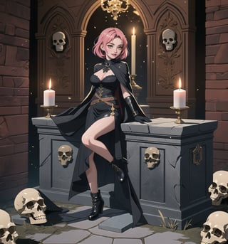 An ultra-detailed 16K masterpiece with fantasy and adventure stylings, rendered in ultra-high resolution with impressive graphic detail. Darla, a 23-year-old young woman, is wearing an executioner's outfit consisting of a black suit, a black cape, black boots and black gloves. Her short pink hair is styled in a Mohican cut, with gradient effects. She has golden eyes, looking at the viewer while smiling, showing her teeth and wearing red lipstick. She is located inside an ancient castle, destroyed, old, filthy, with rock structures, wooden structures, ancient structures, tombstones, skulls and skeletons. The atmosphere is mysterious and tense, with melted wax candles, a stone sarcophagus and bones scattered across the floor. The image emphasises the imposing figure of Darla and the architectural elements of the castle. The rocky, wooden and ancient structures, together with the skulls and skeletons, create a spooky and mysterious atmosphere. The melted wax candles and stone sarcophagus add a gothic touch to the scene. Soft, sombre lighting effects create a tense, mysterious atmosphere, while rough, detailed textures on the structures and costume add realism to the image. | A tense and mysterious scene of a young woman dressed as an executioner in an old, destroyed castle, fusing elements of fantasy and adventure. (((The image reveals a full-body shot as Darla assumes a sensual pose, engagingly leaning against a structure within the scene in an exciting manner. She takes on a sensual pose as she interacts, boldly leaning on a structure, leaning back and boldly throwing herself onto the structure, reclining back in an exhilarating way.)). | ((((full-body shot)))), ((perfect pose)), ((perfect arms):1.2), ((perfect limbs, perfect fingers, better hands, perfect hands, hands)), ((perfect legs, perfect feet):1.2), ((perfect design)), ((perfect composition)), ((very detailed scene, very detailed background, perfect layout, correct imperfections)), Enhance, Ultra details++, More Detail, poakl