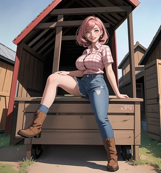 An ultra-detailed 16K masterpiece with Country and Rural styles, rendered in ultra-high resolution with extraordinary detail. | Darla, a young 23-year-old woman, is dressed in a farmer's outfit, consisting of a red and white plaid shirt, denim skirt and brown leather boots. Her pink hair is short and disheveled, with a modern and stylish cut. ((Her golden eyes are looking at the viewer, smiling and showing her teeth, with red lipstick on her lips)). She is in a shed on a farm, with wooden structures, concrete structures, crates, machines and tires around her. A tractor, a barn and a chicken coop adorn the scene. | The image highlights Darla's imposing figure and the rural elements of the shed. The wooden structures, concrete structures, crates, machines and tires, together with the tractor, barn and chicken coop, create a rural and welcoming environment. The shadows created by the warehouse lights highlight the details of the scene and create a mysterious atmosphere. | Soft, warm lighting effects create a welcoming, rural atmosphere, while detailed textures on skin, clothing, and structures add realism to the image. | Darla, a farmer in a shed, exploring themes of country, rurality and simplicity. | (((The image reveals a full-body shot as Darla assumes a sensual pose, engagingly leaning against a structure within the scene in an exciting manner. She takes on a sensual pose as she interacts, boldly leaning on a structure, leaning back and boldly throwing herself onto the structure, reclining back in an exhilarating way.))). | ((((full-body shot)))), ((perfect pose)), ((perfect arms):1.2), ((perfect limbs, perfect fingers, better hands, perfect hands, hands)), ((perfect legs, perfect feet):1.2), ((huge breasts))++, ((perfect design)), ((perfect composition)), ((very detailed scene, very detailed background, perfect layout, correct imperfections)), Enhance, Ultra details++, More Detail, poakl