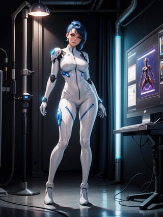 A woman, wearing white wick suit with blue lights, very tight suit on the body with robotic parts, (gigantic breasts), blue hair, very short hair, straight hair, mohawk hair, hair with bangs in front of the eyes, looking at the viewer, in a laboratory, with machines, computers, robots, windows, luminous pipes, ((([pose with interaction and leaning on something|pose with interaction and leaning on an object]))), ((full body):1.5), 16k, UHD, best possible quality, ultra detailed, best possible resolution, Unreal Engine 5, professional photography, well-detailed fingers, well-detailed hand, perfect_hands, perfect, ((super metroid))