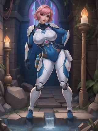 A woman, she is wearing an all-white cybernetic suit, a cybernetic suit with blue parts, a very tight cybernetic suit on her body, she has gigantic breasts, very short hair, pink hair, curly hair, hair with bangs in front of her eyes, she is looking directly at the viewer, she is in a dungeon, with large stone structures, many technological machines, many luminous pipes with running water, altars, figurines, warcraft, ((full body)),  UHD, best possible quality, ultra detailed, best possible resolution, ultra technological, Unreal Engine 5, professional photography, she is doing (sensual pose with interaction and leaning on anything) + (object + on something + leaning against), perfect, More detail,