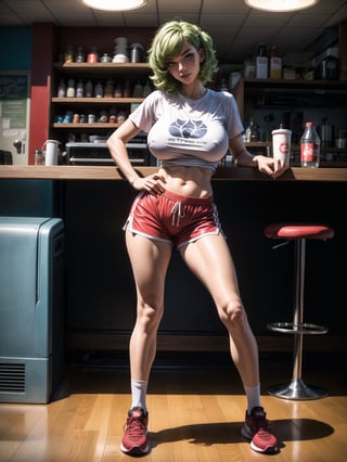 A woman, wearing ((white T-shirt with red stripes with logo:"EB", short red shorts with stripes, long white sock and sneakers, gigantic breasts)), short hair, green hair, curly hair, messy hair, hair with bangs in front of her eyes, (((looking at the viewer, sensual pose with interaction and leaning on anything+object+on something+leaning against+leaning against))) in a diner full of people, with counter, tables and chairs, soda machines, ((full body):1.5); 16K, UHD, unreal engine 5, quality max, max resolution, ultra-realistic, ultra-detailed, maximum sharpness, ((perfect_hands):1), Goodhands-beta2,