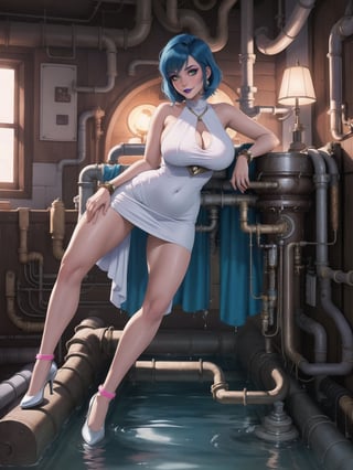 [Princess Peach], has gigantic breasts, wearing long all white dress with pink bands, tight dress on the body, looking directly at the viewer, short hair, blue hair, mohawk hair, hair with bangs in front of her eyes, she is in a house all made of colored pipes, with furniture made of pipes, large pipes with running water, Super Mario Bros, 16K, UHD, best possible quality, ultra detailed, best possible resolution, ultra technological, futuristic, robotic, Unreal Engine 5, professional photography, she is, ((sensual pose with interaction and leaning on anything + object + on something + leaning against)), perfect anatomy, ((full body)), More detail, better_hands.