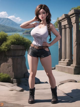 A woman archaeologist is wearing a white collarless and sleeveless T-shirt, dark brown shorts and black leather boots. The outfit is very tight on the body and her breasts are gigantic. Her hair is brown, shoulder-length, braided, with a very large fringe covering her right eye. She is looking directly at the viewer. The woman is in an ancient inca temple on top of the mountains, with many ancient structures, altars, figurines and gigantic statues of ancient gods. There is a lagoon with running water and many rock structures around, ((a woman is striking a sensual pose, interacting and leaning on any available object/structure in the scene)), maximum sharpness, UHD, 16K, anime style, best possible quality, ultra detailed, best possible resolution, (full body:1.5), Unreal Engine 5, professional photography, perfect_thighs, perfect_legs, perfect_feet, perfect hand, fingers, hand, perfect, better_hands, (Tomb Raider), Add more detail,Add more detail