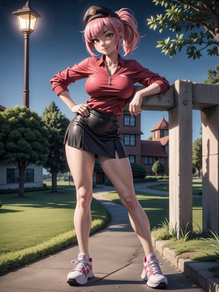 A woman, red shirt without collar and sleeves, very short black skirt, white sneakers, gigantic breasts, wearing cap, pink hair, extremely short hair, rebellious hair, hair with ponytail, hair with bangs in front of the eye, looking at the viewer, (((sensual pose+Interacting+leaning on anything+object+leaning against))), in a small square at night with many structures, banks, trees, lots of people walking, (full body:1.5), 16K, UHD, unreal engine 5, quality max, max resolution, ultra-realistic, ultra-detailed, maximum sharpness, ((perfect_hands):1), Goodhands-beta2