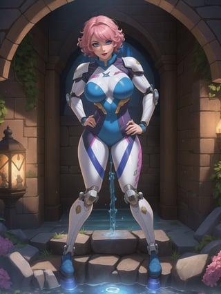 A woman, she is wearing an all-white cybernetic suit, a cybernetic suit with blue eyes, a very tight cybernetic suit on her body, she has gigantic breasts, very short hair, pink hair, curly hair, hair with bangs in front of her eyes, she is looking directly at the viewer, she is in a dungeon, with large stone structures, many technological machines, many luminous pipes with running water, altars, figurines, warcraft, ((full body)), UHD, best possible quality, ultra detailed, best possible resolution, ultra technological, Unreal Engine 5, professional photography, she is doing, ((sensual pose with interaction and leaning on)) + ((object + on something + leaning against)), perfect, More detail, 