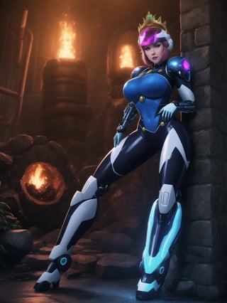 [Princess Peach], has gigantic breasts, wearing mecha suit with blue parts, totally white mecha suit, very tight mecha suit on the body, wearing a (crown+cybernetic helmet), short hair, blue hair, mohawk hair, hair with bangs in front of the eyes, she is in a dungeon, with many pipes, large stone structures, machines, monsters, dirty water waterfall, Super Mario Bros, super metroid, 16K, UHD, best possible quality, ultra detailed, best possible resolution, ultra technological, futuristic, robotic, Unreal Engine 5, professional photography, she is ((sensual pose with interaction and leaning on anything + object + on something + leaning against)), perfect anatomy, ((full body)), More detail, better_hands.