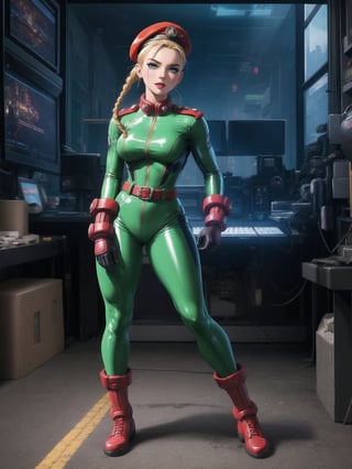 A woman, wearing an all-green latex military suit, a suit with a belt, a suit with gloves, a suit with boots, wearing a red beret, short hair, braided hair+solo hair with bangs in front of her eyes, (looking directly at the viewer), she is in a futuristic laboratory, computers, machines, destroyed robot, window showing the city, ((street fighter, street fighter cammy)), 16K, UHD, best possible quality, ultra detailed, best possible resolution, Unreal Engine 5, professional photography, she is, ((sensual pose with interaction and leaning on anything + object + on something + leaning against)) + perfect_thighs, perfect_legs, perfect_feet, better_hands, ((full body)), More detail,