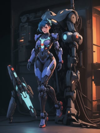 A ((full-body)) portrait of a blue-haired, mohawk-styled woman, with voluptuous curves and a futuristic mech suit, leaning seductively against a structure in a dimly lit, mechanized dungeon