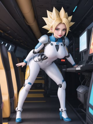 ((A kawaii woman)), wearing cybernetic suit + robotic armor + all-white latex suit, with blue and yellow parts, gigantic breasts, ((only she has super saiyan blue hair)), spiky hair, hair with bangs in front of the eyes, (looking directly at the viewer), she is on an airplane, machines, computers, people with different ethnicities, 16K, UHD, best possible quality,  ultra detailed, best possible resolution, Unreal Engine 5, professional photography,, she is, ((sensual pose with interaction and leaning on anything + object + on something + leaning against)) + perfect_thighs, perfect_legs, perfect_feet, better_hands, ((full body)), More detail,