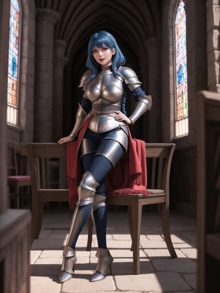 A woman, wearing all-black medieval armor, medieval armor with red parts, very tight medieval armor, gigantic breasts, blue hair, braided hair+solo hair with bangs in front of the eyes, (looking directly at the viewer), she is in an ancient castle, furniture, stained glass, treasures, 16K, UHD, best possible quality, ultra detailed,  best possible resolution, Unreal Engine 5, professional photography, (((medieval knight)), she is, ((sensual pose with interaction and leaning on anything + object + on something + leaning against)) + perfect_thighs, perfect_legs, perfect_feet, better_hands, ((full body)), More detail,