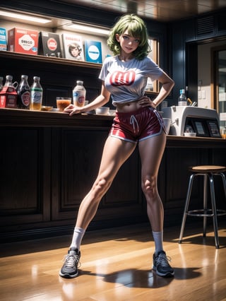 A woman, wearing ((white T-shirt with red stripes with logo:"EB", short red shorts with stripes, long white sock and sneakers, gigantic breasts)), short hair, green hair, curly hair, messy hair, hair with bangs in front of her eyes, (((looking at the viewer, sensual pose with interaction and leaning on anything+object+on something+leaning against+leaning against))) in a diner full of people, with counter, tables and chairs, soda machines, ((full body):1.5); 16K, UHD, unreal engine 5, quality max, max resolution, ultra-realistic, ultra-detailed, maximum sharpness, ((perfect_hands):1), Goodhands-beta2,