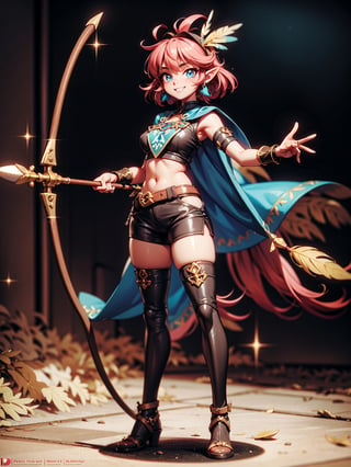 ((full body, standing):1.5), {(Princess Zelda)}, {((wearing brown leather indian clothes with feathers extremely tight and short on the body, short leather shorts and short velvet)), ((extremely gigantic and firm breasts)), ((short pink hair, mohawk, sparkling blue eyes, wearing small feathered headdress)), ((looking at viewer, maniacal smile, doing erotic pose, holding a bow and arrow)), ((in an indigenous village with several Indians, Indians in their homes))}, 16k, high quality, high detail, UHD