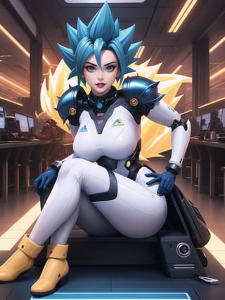 ((A kawaii woman)), wearing cybernetic suit + robotic armor + all-white latex suit, with blue and yellow parts, gigantic breasts, ((only she has super saiyan blue hair)), spiky hair, hair with bangs in front of the eyes, (looking directly at the viewer), she is on an airplane, machines, computers, people with different ethnicities, 16K, UHD, best possible quality,  ultra detailed, best possible resolution, Unreal Engine 5, professional photography,, she is, ((sensual pose with interaction and leaning on anything + object + on something + leaning against)) + perfect_thighs, perfect_legs, perfect_feet, better_hands, ((full body)), More detail,