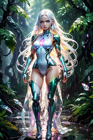 full body image of crystal cyborg under rain  in futuristic forest, erotism, colorful, fluorescent, , perfect mechanical anatomy, approaching perfection, Alita battle angel and sakimichan art style, ((a very beautiful cyborg girl with long flowing white hair and gentle doll face , opalescent cristal transparent skin, glowing eyes,)),, many glowing and luminous effect, holographic rainbow light,  Focus on maximalist detail and intricate design. Utilize high-resolution 8k concept art to bring this enchanting masterpiece to life. Embrace a blend of biomecanichal and luminescence,
