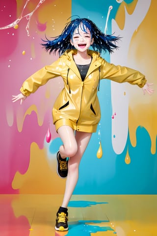 full body cinematic photo of a woman running towards viewer, in a yellow raincoat standing in the color painting of abstraction of bubbles, paint splatter, wet hair, raining paint, with soft and flowing shapes in a variety of vibrant and pastel hues set against a abstract and minimalist background, 35mm photograph, film, bokeh, professional, 4k, highly detailed