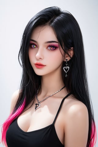 score_9, score_8_up, score_7_up, Goth girl, goth girl 1girl, 1girl,solo,looking at viewer, long hair,hair between the eyes,bare shoulders,jewelry,(black hair, pink hair,multicolored hair,glowing hair), tattoo, sleeveless,pink eyes,necklace,two-tone hair,lips,makeup,white  background,portrait,spot color,   , , ,   ,