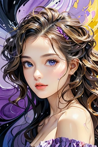 Beautiful colorful girl: a 30-year-old giru, messy hair, oil painting, perfect face with soft skin and perfect face, blue yellow colors, light purple and violet additions, light red additions, intricate details, home screen, 8k resolution, masterpiece, beautiful face, artstation soft digital painting black ink flow: 8k resolution Photorealistic masterpiece:  Intricately detailed fluid gouache painting: by Jean Baptiste Mongue: calligraphy: acrylic: watercolor art, professional photography, natural lighting, volumetric lighting Maximalist photoillustration: by Marton Bobzert: , complex, elegant, expansive, fantastic, wavy hair, vibrant