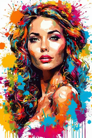 vector art, Colorful graffiti illustration, bride, in the center, Bright colors, paint splashes and blots, high detail, whitebackground