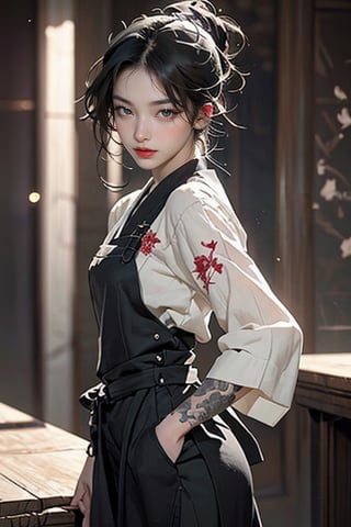 Extremely realistic full-length image of a beautiful woman with realistic and detailed features. The woman has an intricate tattoo on her back that gives her a touch of elegance. Her outfit reflects a beautiful oriental influence and the overall composition captures the essence of sophisticated anime art. The image should feature a lush, vibrant background that complements the appearance of her character, emphasizing her grace and the detailed tattoo of her.
