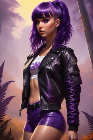 (masterpiece), (best quality), (realistic), (photographic), 1 girl, scenary: Fern standing in front of the sunrise contemplating it, sunrise lights, autumn shadows, dressed in gym shorts, black leather jacket, (back position), fern, long hair, bangs, (purple eyes:1.1), purple hair, sidelocks, blunt bangs, (bright pupils:1.5), half updo, pawg, tomboy,