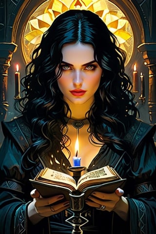 score_9, score_8_up, score_7_up, Yennefer of Vengerberg from "The Witcher" series conducts a magical ritual in her quarters, surrounded by arcane artifacts and ancient texts. Her powerful presence and dark beauty, combined with her sharp intellect and formidable magical abilities, draw everyone into her enigmatic world.