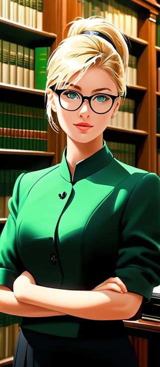 score_9, score_8_up, score_7_up, score_6_up, score_5_up, score_4_up,  1 girl, blonde hair, short hair, updo hair, black business suit, round eyewear, glasses, library, green eyes, black skirt, zettai ryouik, solo, hand behind head  , concept art, realistic, , expressiveH , 1990s \(style\), vintage 