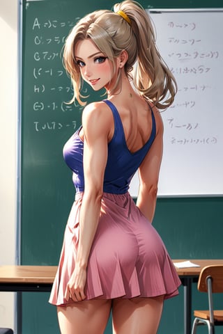 , beautiful face, studying, awkward++, (blushing)++, nervous smile, Caucasian, 1girl+++, (sundress)+++, (bending over)+++, teacher, (colorful outfit)++, from behind +++, lifting dress+, muscular+, (extremely pale)+++, sexy pose