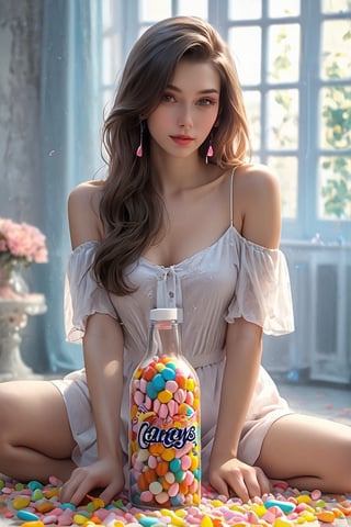 one bottle, full of candys, one cute girl siting on the candys, clean background, nice scene