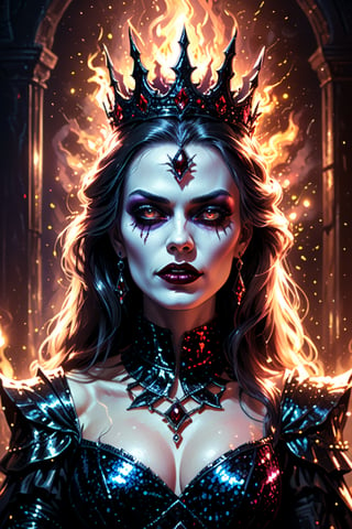 Dark Queen, horror version, glitter, night, bright glitter, (highly detailed:1.3), 16-bit pixel realistic art, HDR, ultra-detailed, (highres:1.1), best quality, (masterpiece:1.3), cinematic lighting, portrait