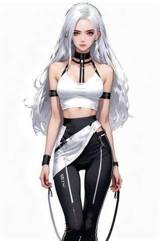 1girl, solo, full body, standing, white hair, split-color hair, black hair, white background, sketch, two-tone hair, long eyelashes, choker,