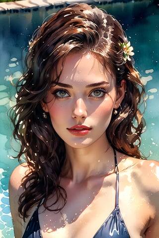 1girl, solo, pool, swimsuit, traditional media, (watercolor painting)++ on coldpresed watercolour paper, brown hair, looking at viewer, breathtaking, extremely delicate, sqaure jawline and prominent chin, high cheekbone, soft diffused glow, cinematic lighting++, beautiful detailed eyes+, light effect++, hair ornament