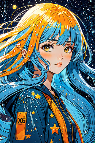 illustration of a girl with blue hair, art print, in the style of dark yellow and light azure, water drops, bold manga lines, the stars art group (xing xing), i can't believe how beautiful this is, dark yellow and orange, hyper-detailed