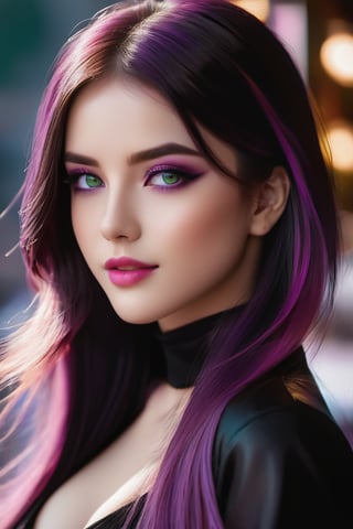 1woman, solo,  long hair, pink hair, black choker, green eyes, eyeliner, gorgeous lips, cinematic, (masterpiece), (best quality), (ultra-detailed), very aesthetic, illustration, perfect composition, intricate details, absurdres, detailed face, motion blur, (anime, masterpiece, intricate:1.3), (best quality, hires textures, high detail:1.2), (4k),(incredibly detailed:1.4) 
vibrant colors, female, masterpiece, sharp focus, best quality, depth of field, cinematic lighting, shiny hair, hair between eyes, black hair, purple eyes, long hair, indoors, smiling, black and purple theme, black and purple outfit, show, sunlight, mountains, landscape,