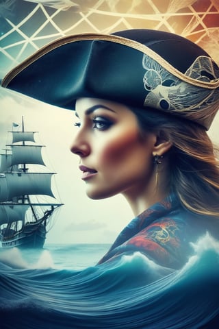 mysterious silhouette woman with a pirate-hat, amazing depth, double exposure, surreal, pirate-ship, ocean, storm, pattern, rope geometric patterns, intricately detailed, bokeh,  perfect balanced, deep fine borders, artistic photorealism, vivid colours, smooth,  with a white background